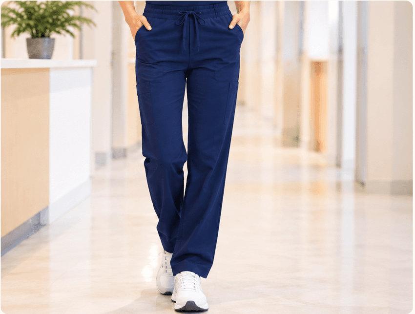 Complete navy LuluVela scrub pants with a drawstring waistband, cargo pockets, and white shoes