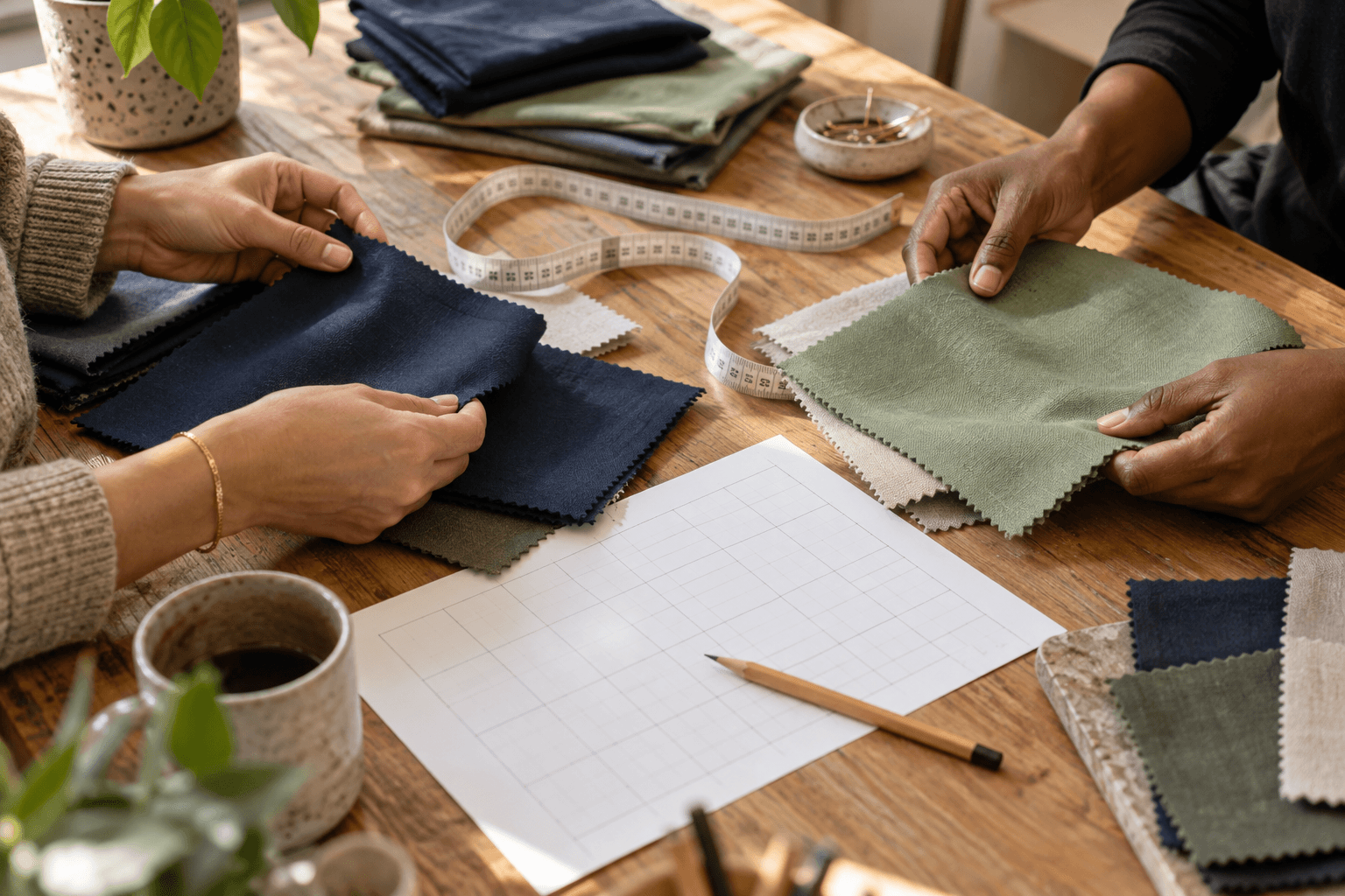 Comparing fabric colors and textures during a design consultation