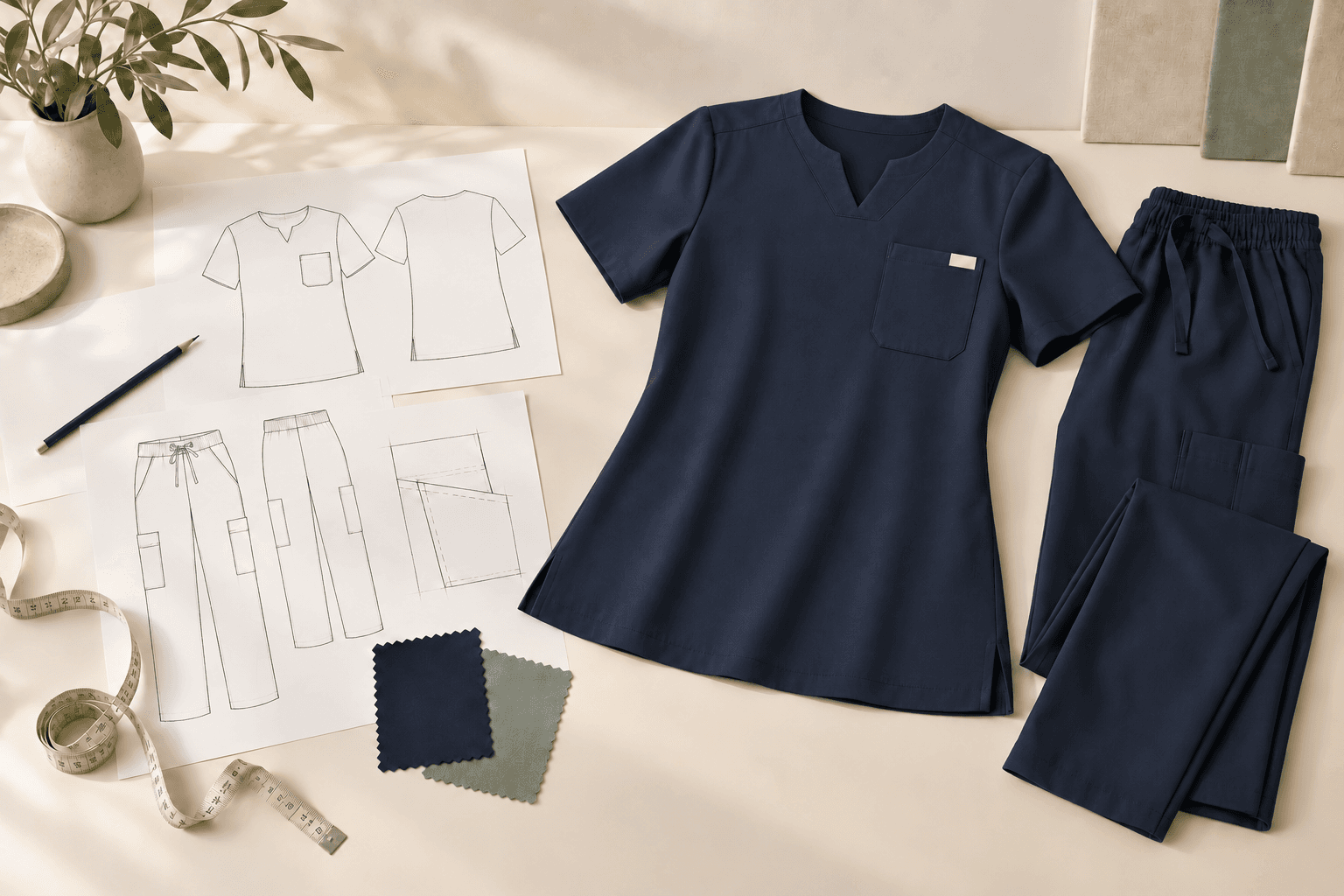 Navy medical scrub garments beside the corresponding top and pant design sketches