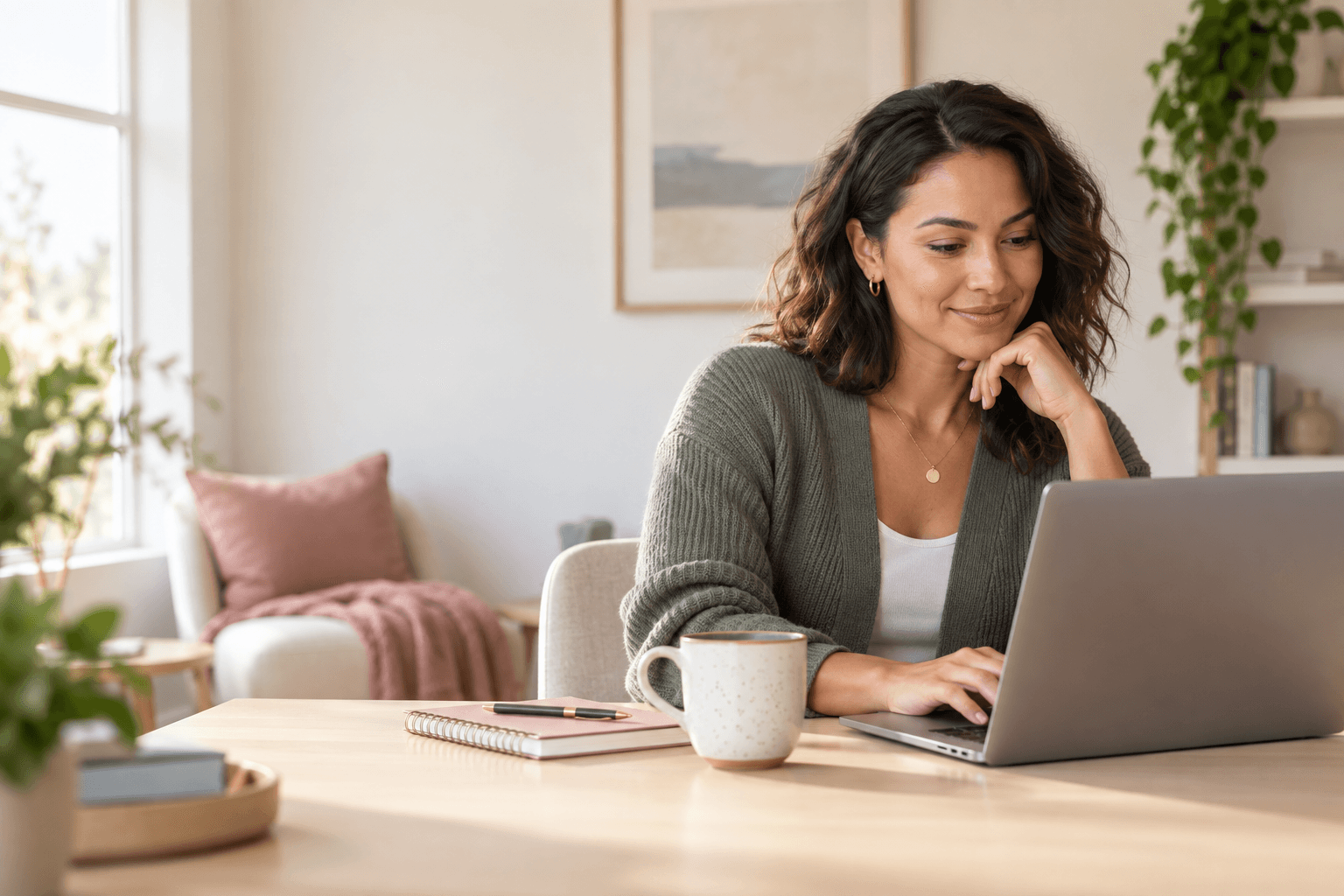 A woman working on a laptop in a warm home workspace